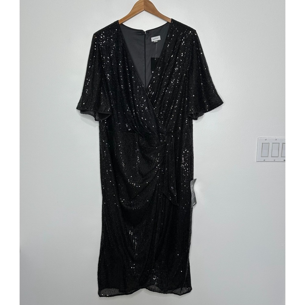 New Avenue Naomi Sequin Dress Womens Size 22 Black Faux Wrap‎ Evening Wedding